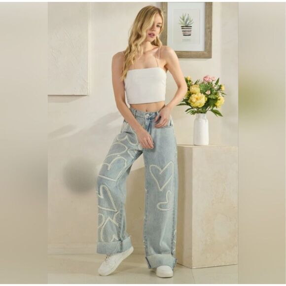 Oli & Hali Washed Hearts Straight Leg Jeans Size L - Picture 1 of 8
